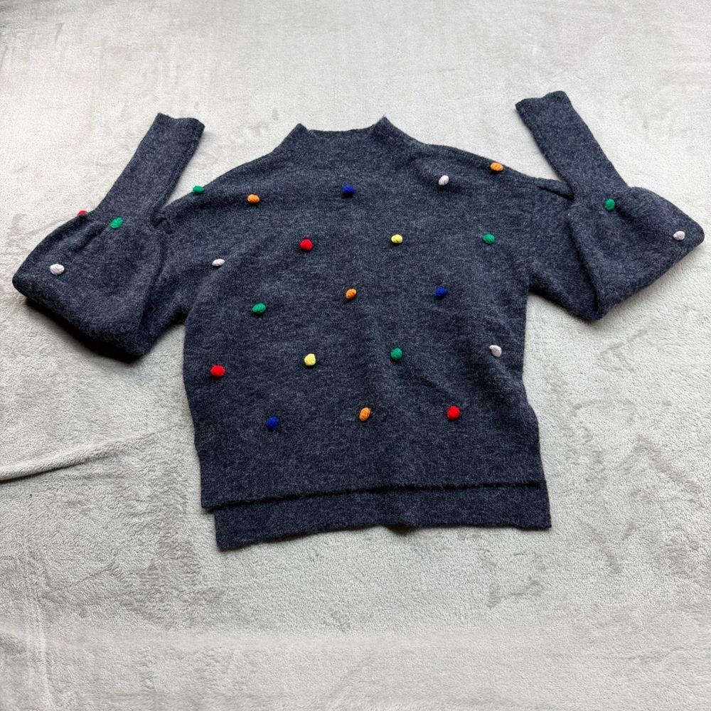Sugar Lips Sweater Women XS Gray Pom Pom Mock Neck High Low STT15952